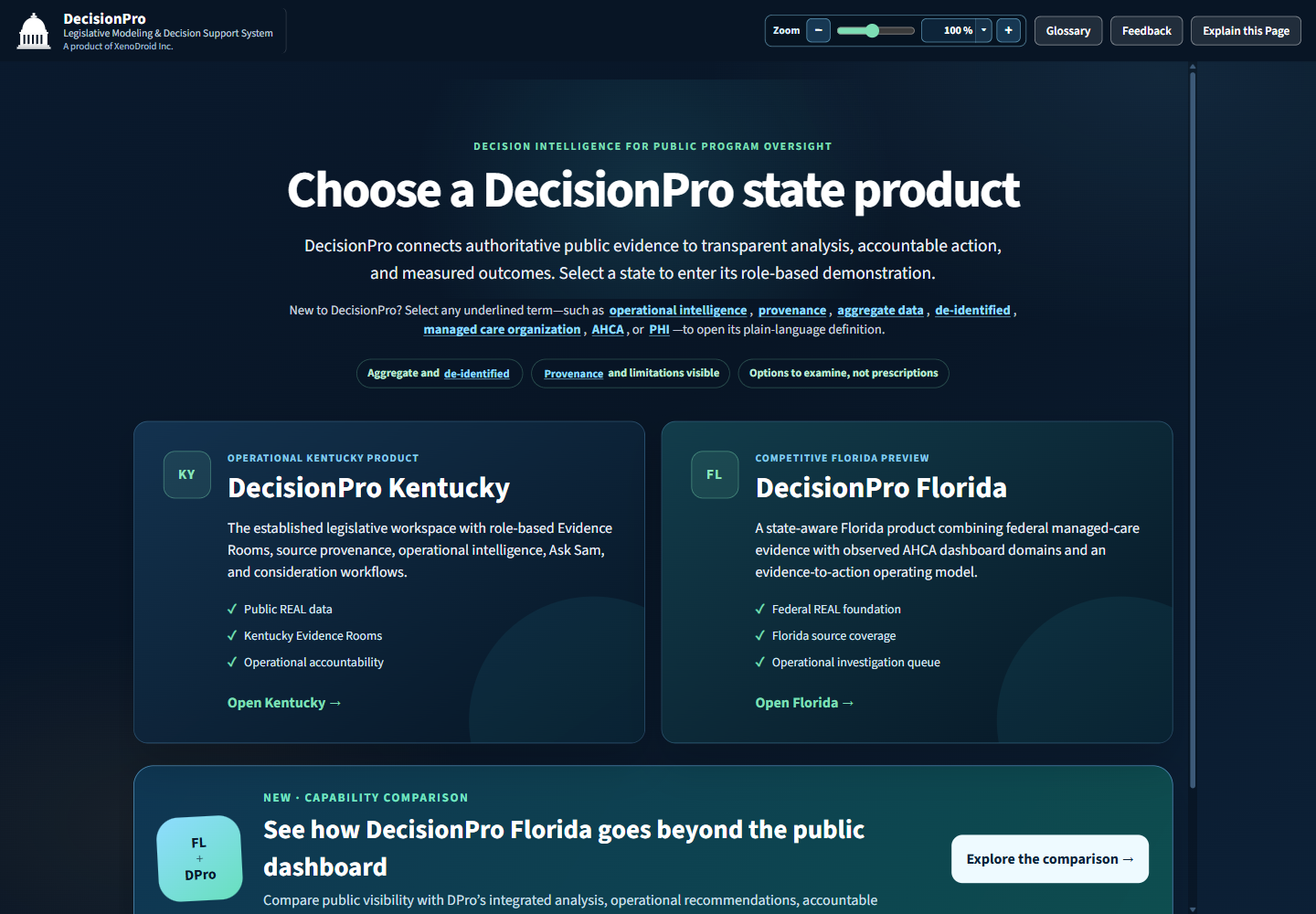 DecisionPro state-neutral landing page with Kentucky, Florida, and public-dashboard comparison choices
